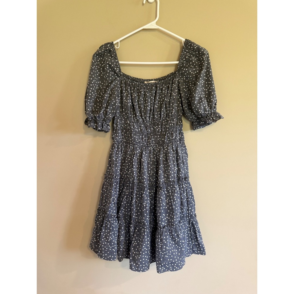 Mi Ami Polka Dot Smocked Tiered Mini Dress Grey Blue Puff Sleeve XS 26X087LFHD